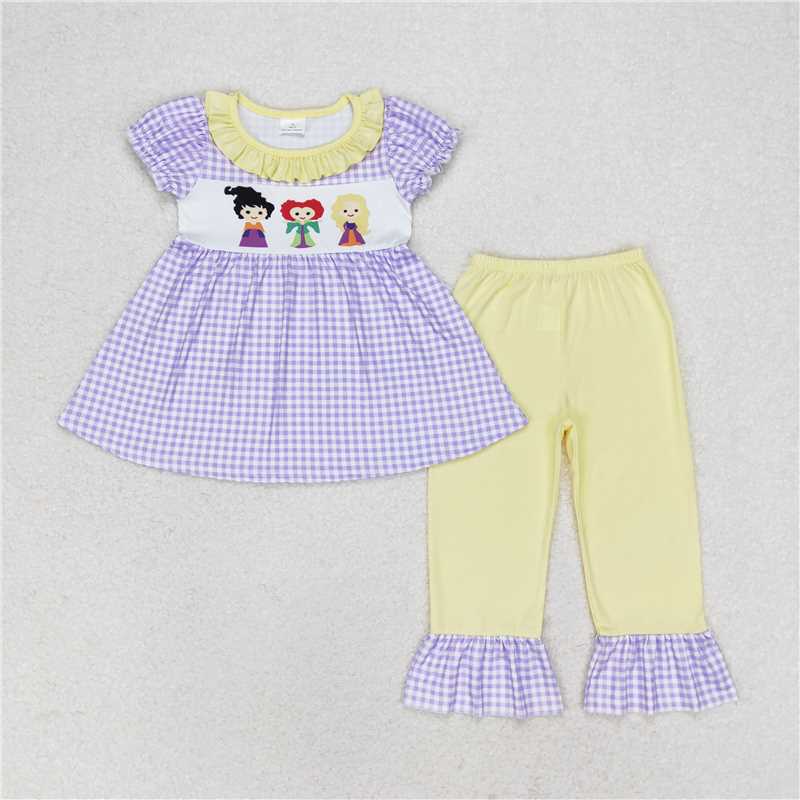 GSPO1535 Baby Girls Purple Checkered Halloween Witches Tunic Ruffle Pants Clothes Sets