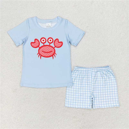 RTS NO MOQ Baby Boys kids Summer Sets BSSO0808 Crab Blue Short Sleeve Plaid Shorts Set