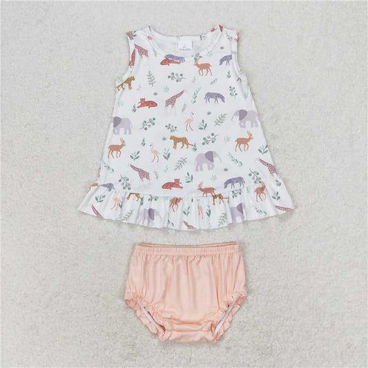 RTS NO MOQ Baby Girls Summer Outifts GBO0372 Animal Ruffle Tunic Top Bummies Clothes Sets