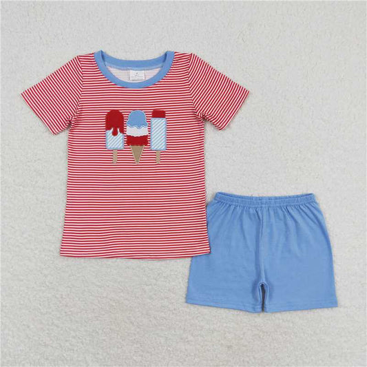 RTS NO MOQ Baby Boys kids Summer Sets BSSO0576 Embroidery Ice cream red striped short-sleeved blue shorts suit