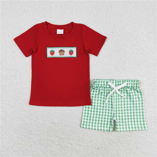 RTS NO MOQ Baby Boys kids Summer Sets BSSO0810 Embroidery Strawberry Red Short Sleeve Green Plaid Shorts Set