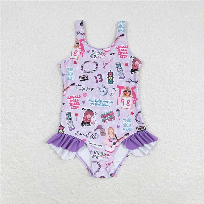 S0388 Baby Girls Purple Sleeveless Ruffle One Piece Swimsuits