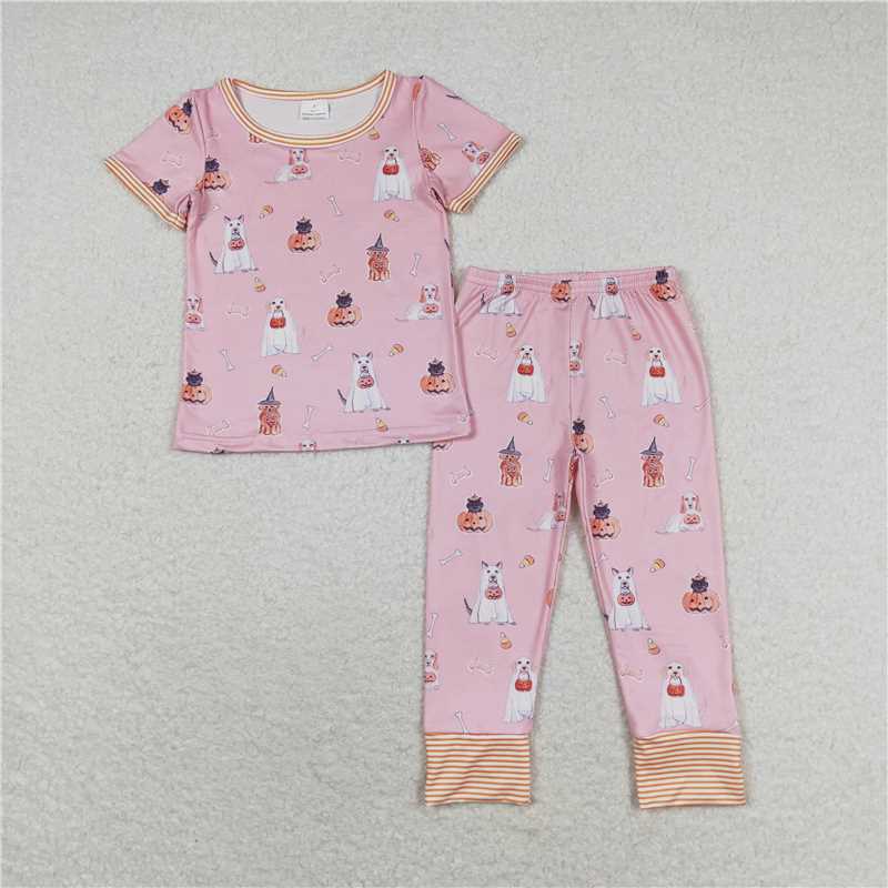 GSPO1538 Baby Girls Pink Halloween Dog Pumpkin Shirt Pants Pajamas Clothes Sets