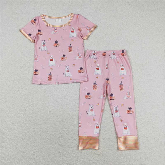 GSPO1538 Baby Girls Pink Halloween Dog Pumpkin Shirt Pants Pajamas Clothes Sets