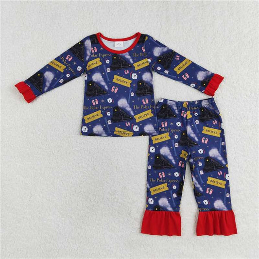 GLP1314 Baby Girls Christmas Train Tee Shirt Pants Pajamas Clothes Sets