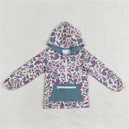 BT0754 Baby Boys Green Camo Hooded Zip Fall Pullovers Tops