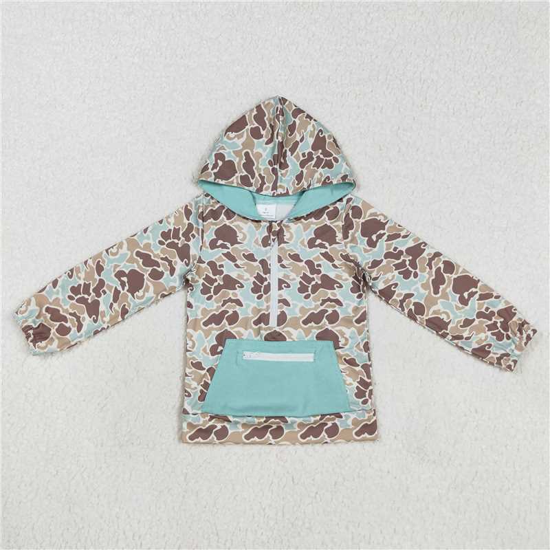 BT0751 Baby Boys Bright Green Camo Hooded Zip Pocket Fall Pullovers Tops