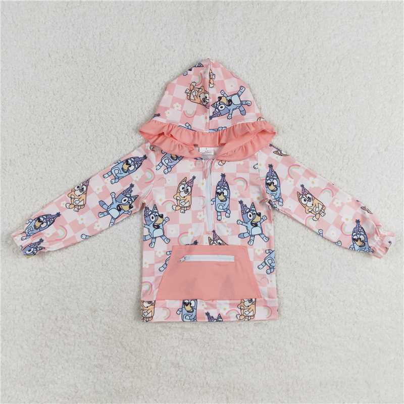 GT0633 Baby Girls Pink Dogs Rainbow Hooded Long Sleeve Tops