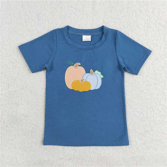 5.21  RTS NO MOQ Summer Baby Boys Shirt BT0824 Blue Fall Pumpkin Short Sleeve Tee Shirts Tops