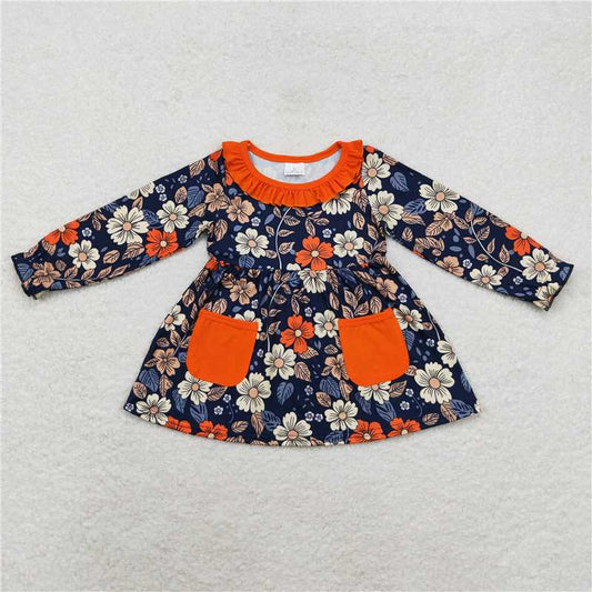 RTS NO MOQ Baby Girls Long Sleeve GT0691 Orange Pockets Floral Tunic Tops