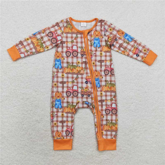 7.7 RTS NO MOQ Baby Boys Bodysuit LR1046 Fall Pumpkin Trucks Zip Bamboo Rompers