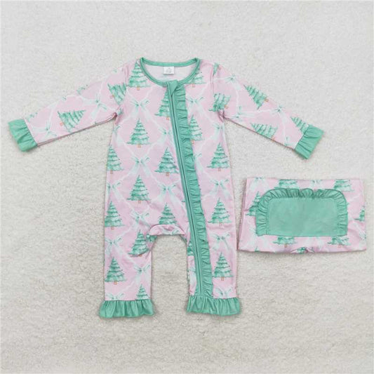 6.19 RTS NO MOQ Baby Girls Bodysuit LR1073 Christmas Pink Bows Trees Zip Bamboo Rompers