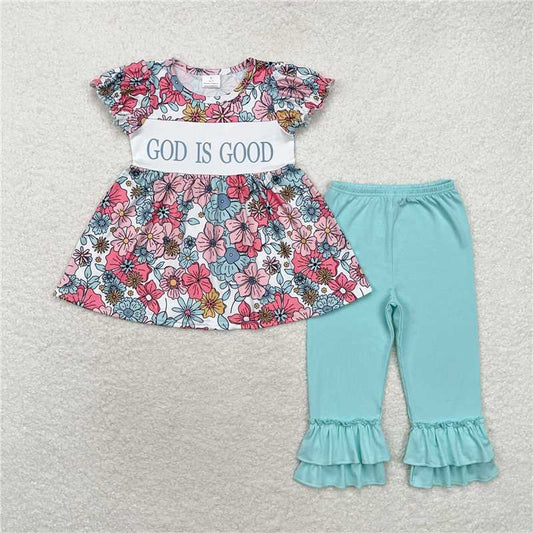 RTS NO MOQ Baby Girls Summer Kids Sets GSPO1658 God Is Good Flowers Tunic Ruffle Pants Clothes Sets