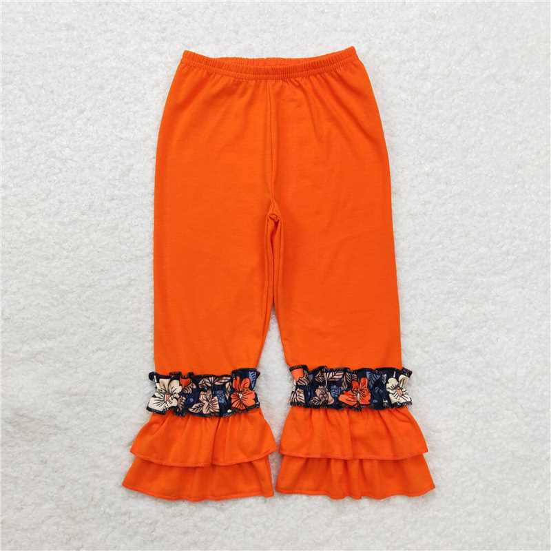 RTS NO MOQ Baby Girls Long Pants P0580 Orange Cotton Ruffles Bottom Pants