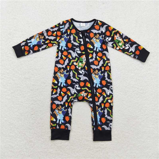 6.4 RTS NO MOQ Baby Boys Bodysuit LR1077 Halloween Long Sleeve Black Dogs Zip Rompers