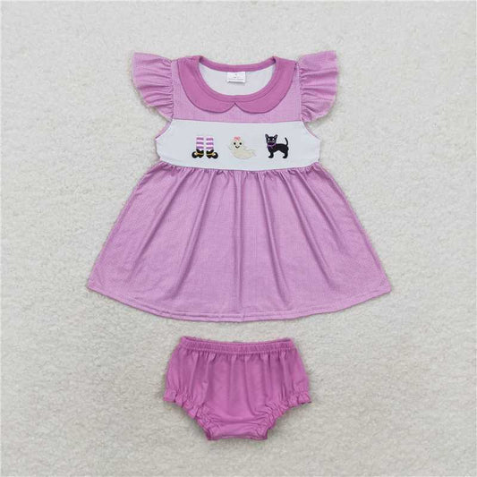 RTS NO MOQ Baby Girls Summer Outifts GBO0415 Halloween Purple Cats Tunic Top Bummies Clothes Sets