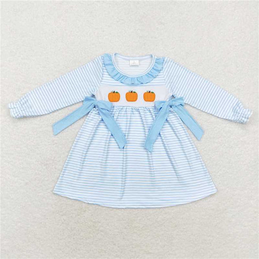 5.15 RTS NO MOQ Baby Girls Long Sleeve GLD0614 Blue Stripes Pumpkin Bows Knee Length Dresses
