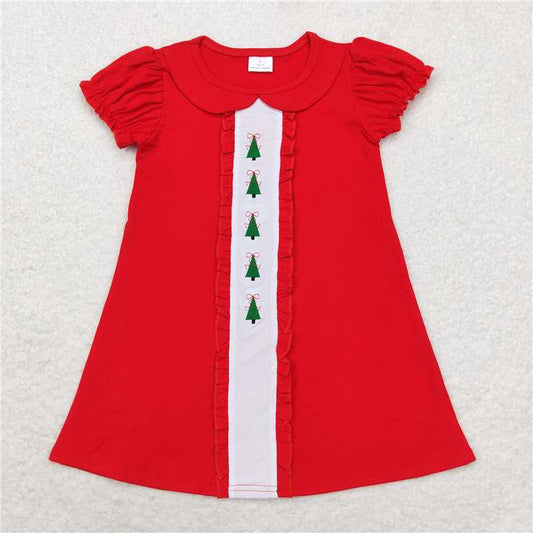7.9 RTS NO MOQ Summer Baby Girls Dresses GSD1374 Christmas Tree Red Short Sleeve Knee Length Dresses