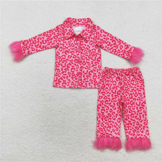 GLP1257 Baby Girls Pink Leopard Fur Top Pants Pajamas Clothes Sets