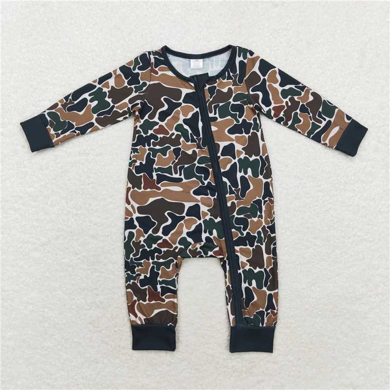 6.4 RTS NO MOQ Baby Boys Bodysuit LR1453 Long Sleeve Brown Camo Fall Zip Rompers