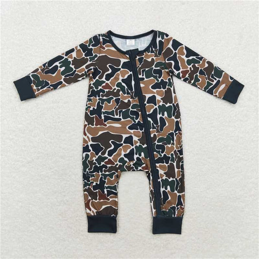 6.4 RTS NO MOQ Baby Boys Bodysuit LR1453 Long Sleeve Brown Camo Fall Zip Rompers