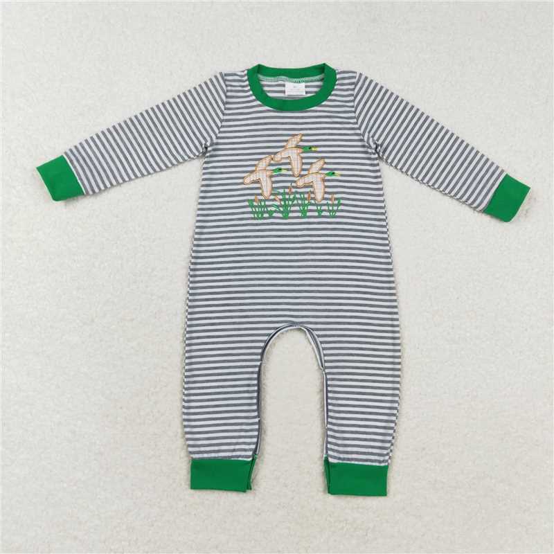6.4 RTS NO MOQ Baby Boys Bodysuit LR1217 Blue Stripes Mallard Ducks Long Sleeve Rompers