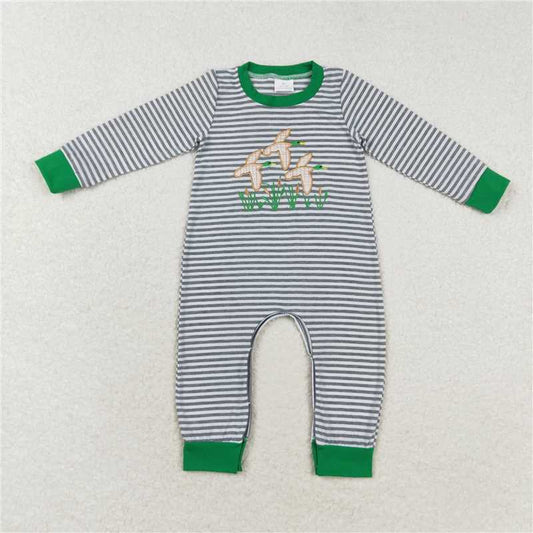 6.4 RTS NO MOQ Baby Boys Bodysuit LR1217 Blue Stripes Mallard Ducks Long Sleeve Rompers