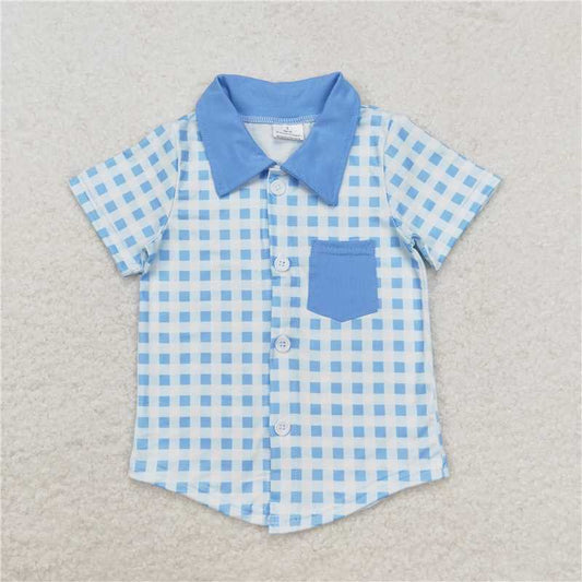 RTS NO MOQ Summer Baby Boys Shirt BT0806 Blue Checkered Short Sleeve Tee Shirts Tops