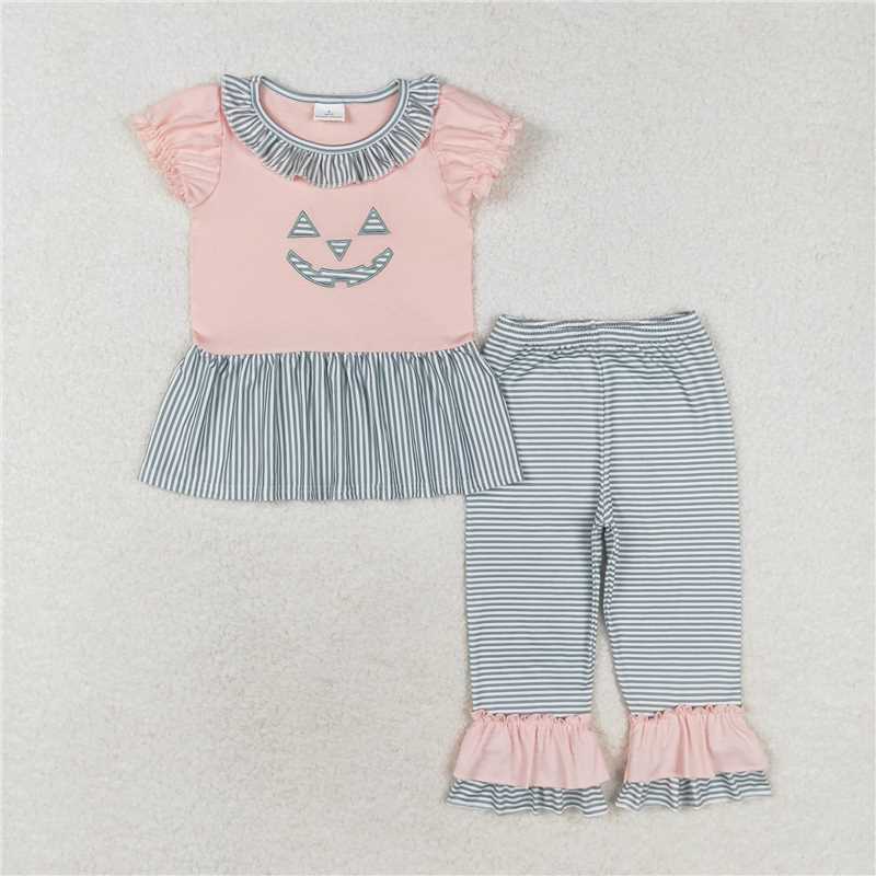 RTS NO MOQ Baby Girls Summer Kids Sets GSPO1671 Halloween Pink Tunic Top Ruffle Pants Clothes Sets