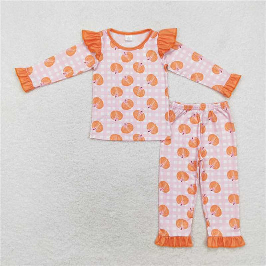 GLP1362 Baby Girls Orange Pumpkin Top Pants Bamboo Pajamas Clothes Sets