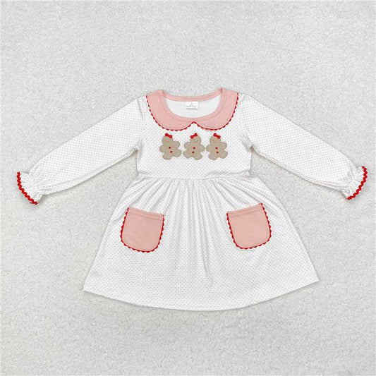 5.15 RTS NO MOQ Baby Girls Long Sleeve GLD0765 Christmas Dots Pink Gingerbread Knee Length Dresses