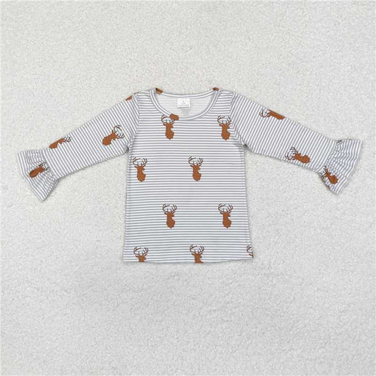 RTS NO MOQ Baby Girls Long Sleeve GT0739 Stripe Deers Ruffle Hunting Tee Shirts Tops