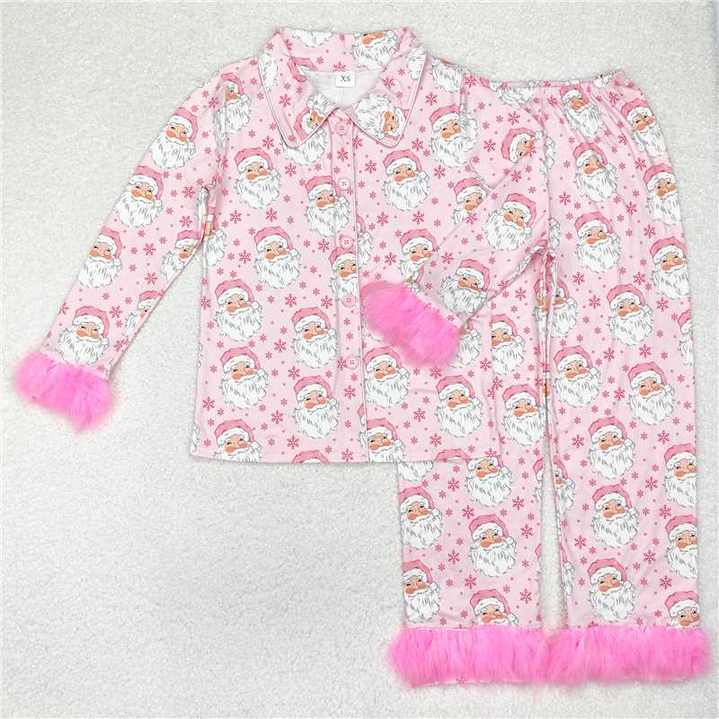 RTS NO MOQ Adult Women Long Sleeve GLP1901 Christmas Pink Santa Fur Tops Pants Pajamas