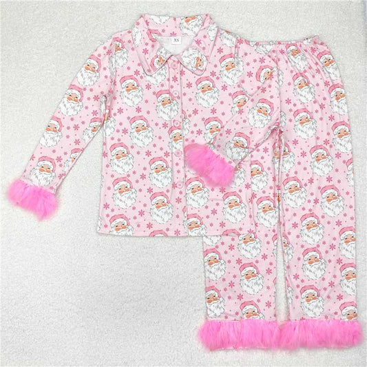 RTS NO MOQ Adult Women Long Sleeve GLP1901 Christmas Pink Santa Fur Tops Pants Pajamas