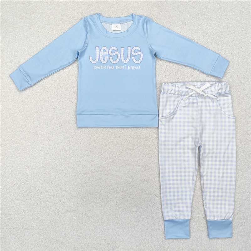 BLP0767 Baby Boys Blue Jesus Top Checkered Pants Clothes Sets