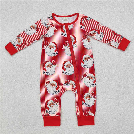 5.15 RTS NO MOQ Baby Boys Bodysuit LR1891 Christmas Long Sleeve Red Stripes Santa Zip Rompers