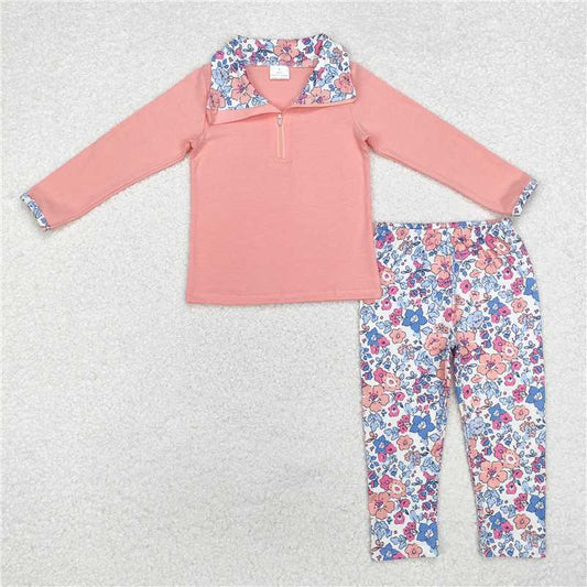 RTS NO MOQ Baby Girls Long Sleeve Outfits GLP1750 Pink Floral Zip Top Pants Pajamas Clothes Sets