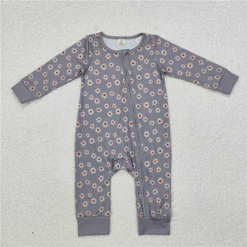 5.19 RTS NO MOQ Baby Girls Bodysuit LR1603 Grey Bamboo Sunflowers Zip Rompers
