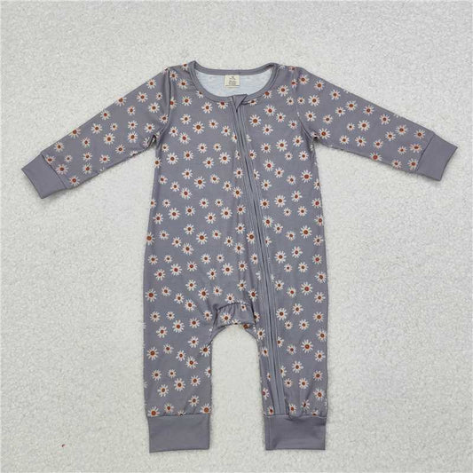 5.19 RTS NO MOQ Baby Girls Bodysuit LR1603 Grey Bamboo Sunflowers Zip Rompers