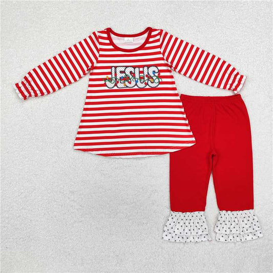 RTS NO MOQ Baby Girls Long Sleeve Outfits GLP1392 Christmas Stripes Jesus Tunic Top Ruffle Pants Clothes Sets