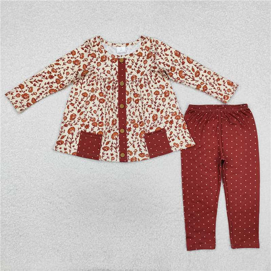 RTS NO MOQ Baby Girls Long Sleeve Outfits GLP1894 Fall Brown Polka Dots Pocket  Flowers Tunic Legging Clothes Sets
