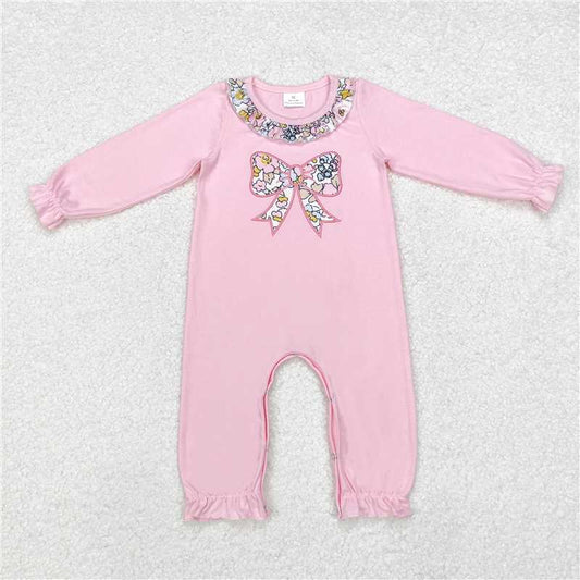 5.14 RTS NO MOQ Baby Girls Bodysuit LR1812 Pink Flowers Ruffle Bow Long Sleeve Rompers
