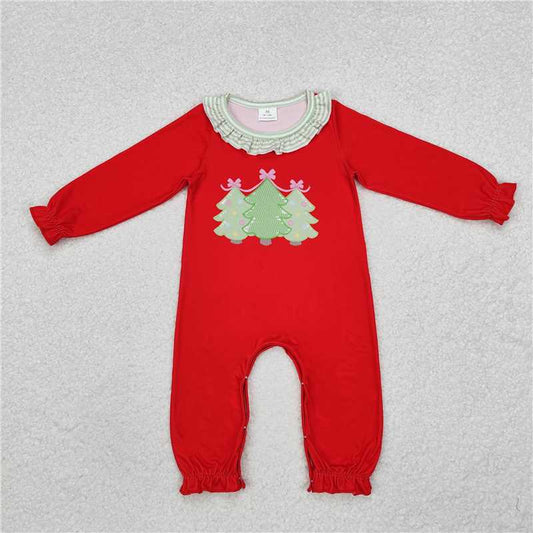 RTS NO MOQ Baby Girls Bodysuit LR1560 Red Stripe Christmas Trees Long Sleeve Rompers