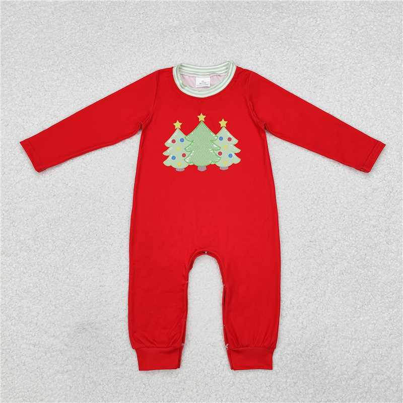 5.13 RTS NO MOQ Baby Boys Bodysuit LR1561 Red Christmas Trees Long Sleeve Rompers