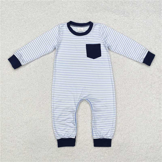 5.13 RTS NO MOQ Baby Boys Bodysuit LR1805 Blue Stripes Long Sleeve Pocket Rompers
