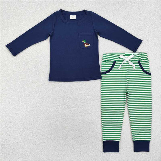 5.28 RTS NO MOQ Baby Boys Sets BLP0795 Blue Mallard Duck Pocket Top Stripes Pants Outfits Sets