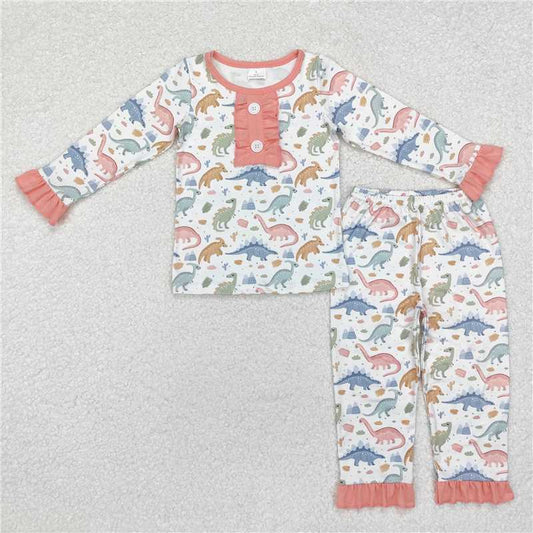 RTS NO MOQ Baby Girls Long Sleeve Outfits GLP1969 Pink Dinosaurs Ruffle Top Pants Pajamas Outfits Clothes Sets