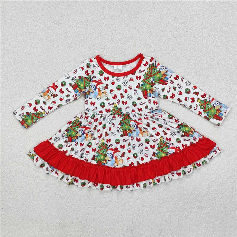 RTS NO MOQ Baby Girls Long Sleeve GLD0792 Christmas Dogs Tree Red Knee Length Dresses
