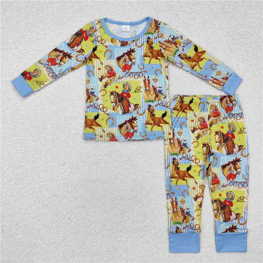RTS NO MOQ Baby Boys Sets BLP0915 Light Blue Cowboy Western Bamboo Pajamas Clothes Sets