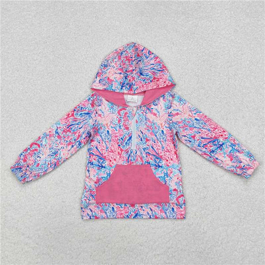 RTS NO MOQ Baby Girls Long Sleeve GT0745 Hot Pink Seaweed Pocket Wate Zip Hoodier Color Tops